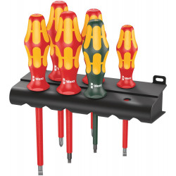 Набор диэлектрических отвёрток Rack VDE + подставка, 6 пр., PH 1-2, SL 3.5-5.5, Robertson R 1-2 Wera